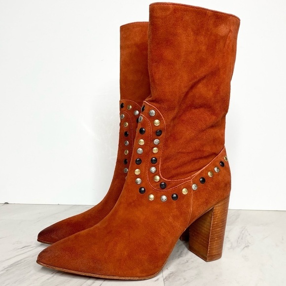 New! Free People Dakota Red Suede Studded Heeled Boot 41 - Picture 1 of 15